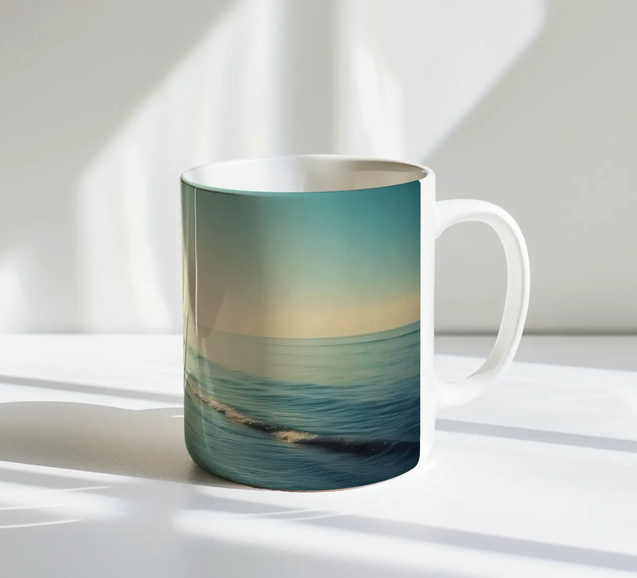 Paesaggio sereno della spiaggia al sorgere del sole con palme e dolci tazza in ceramica da DesignDoodle