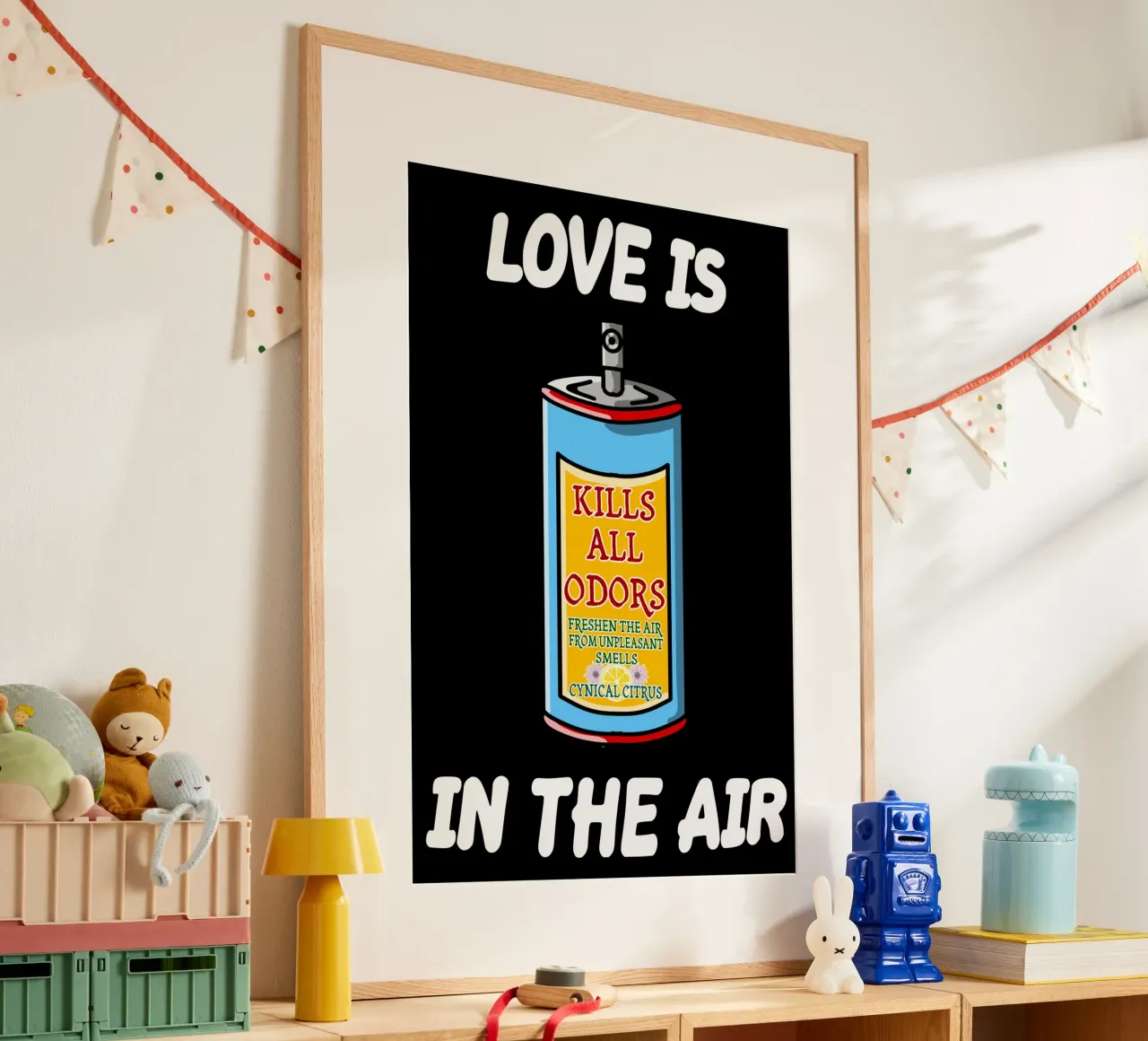 L'amore è nell'aria Sarcastico Single Anti Amore Coppia Umorismo poster con telaio in legno da sillyindustries