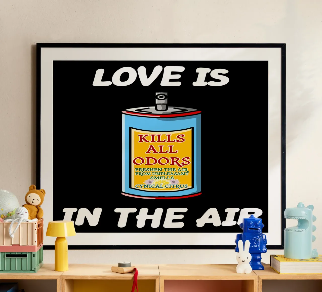 L'amore è nell'aria Sarcastico Single Anti Amore Coppia Umorismo poster con telaio in legno da sillyindustries