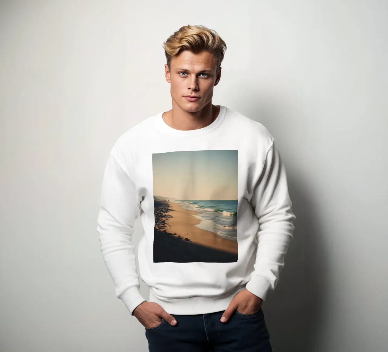 Serene beach view at sunset with gentle waves lapping sweatshirt by DesignDoodle