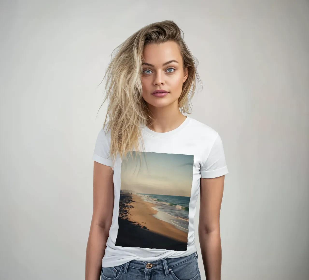 Serene beach view at sunset with gentle waves lapping women's fitted t-shirt by DesignDoodle