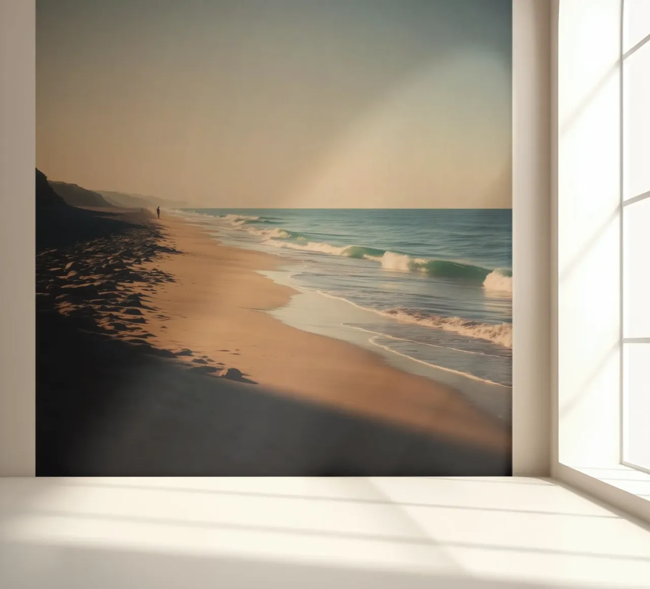 Serene beach view at sunset with gentle waves lapping photo wallpaper by DesignDoodle