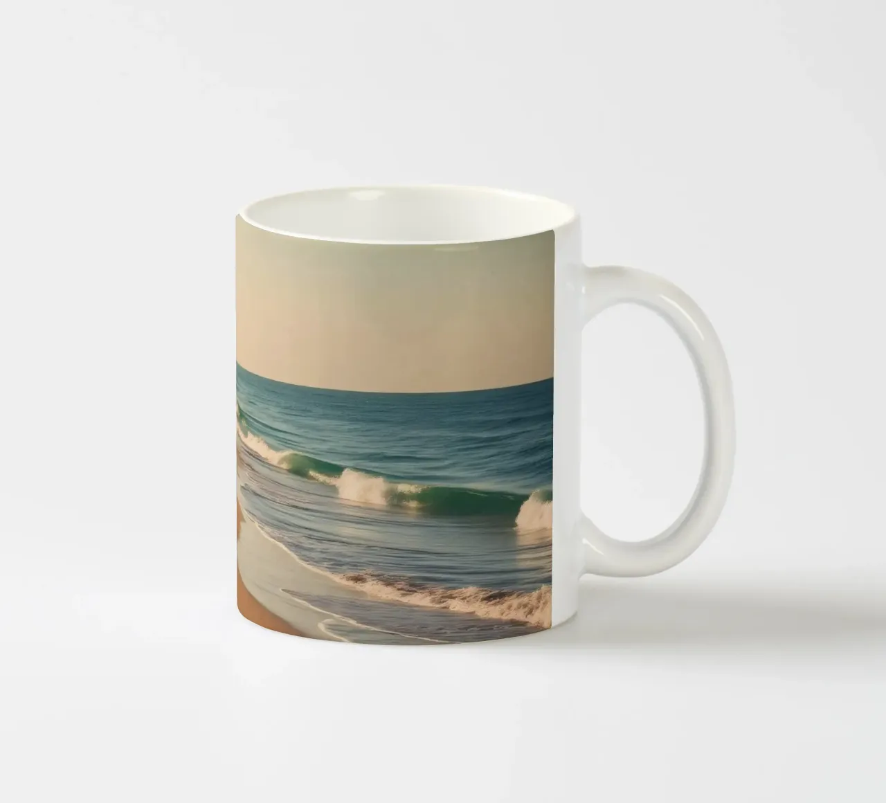 Serene beach view at sunset with gentle waves lapping ceramic mug by DesignDoodle