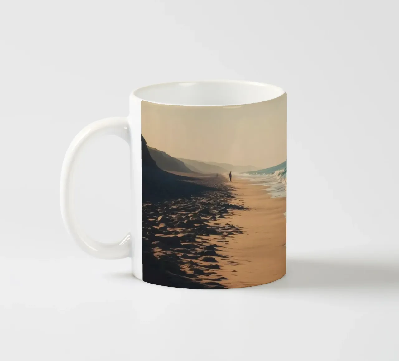 Serene beach view at sunset with gentle waves lapping ceramic mug by DesignDoodle