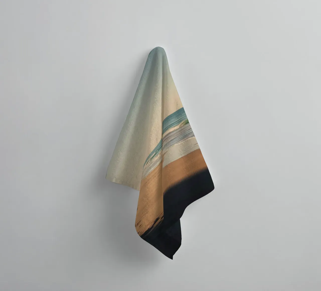 Serene beach view at sunset with gentle waves lapping towel by DesignDoodle
