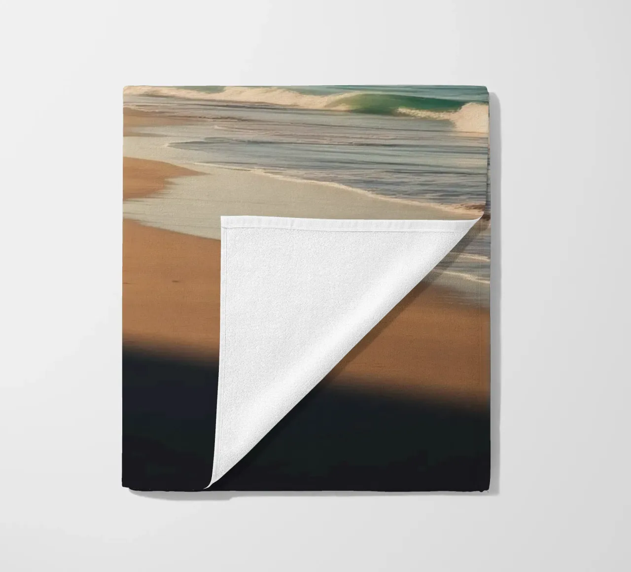 Serene beach view at sunset with gentle waves lapping beach towel by DesignDoodle