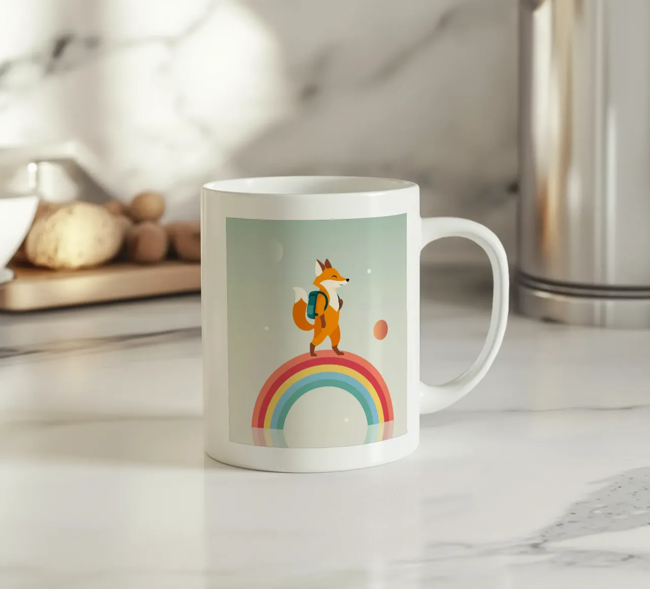 Volpe allegra con zaino sull'arcobaleno tazza in ceramica da namosh