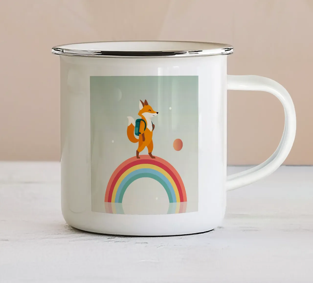 Volpe allegra con zaino sull'arcobaleno tazza in smalto da namosh