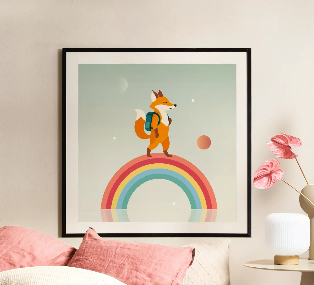 Volpe allegra con zaino sull'arcobaleno poster da namosh