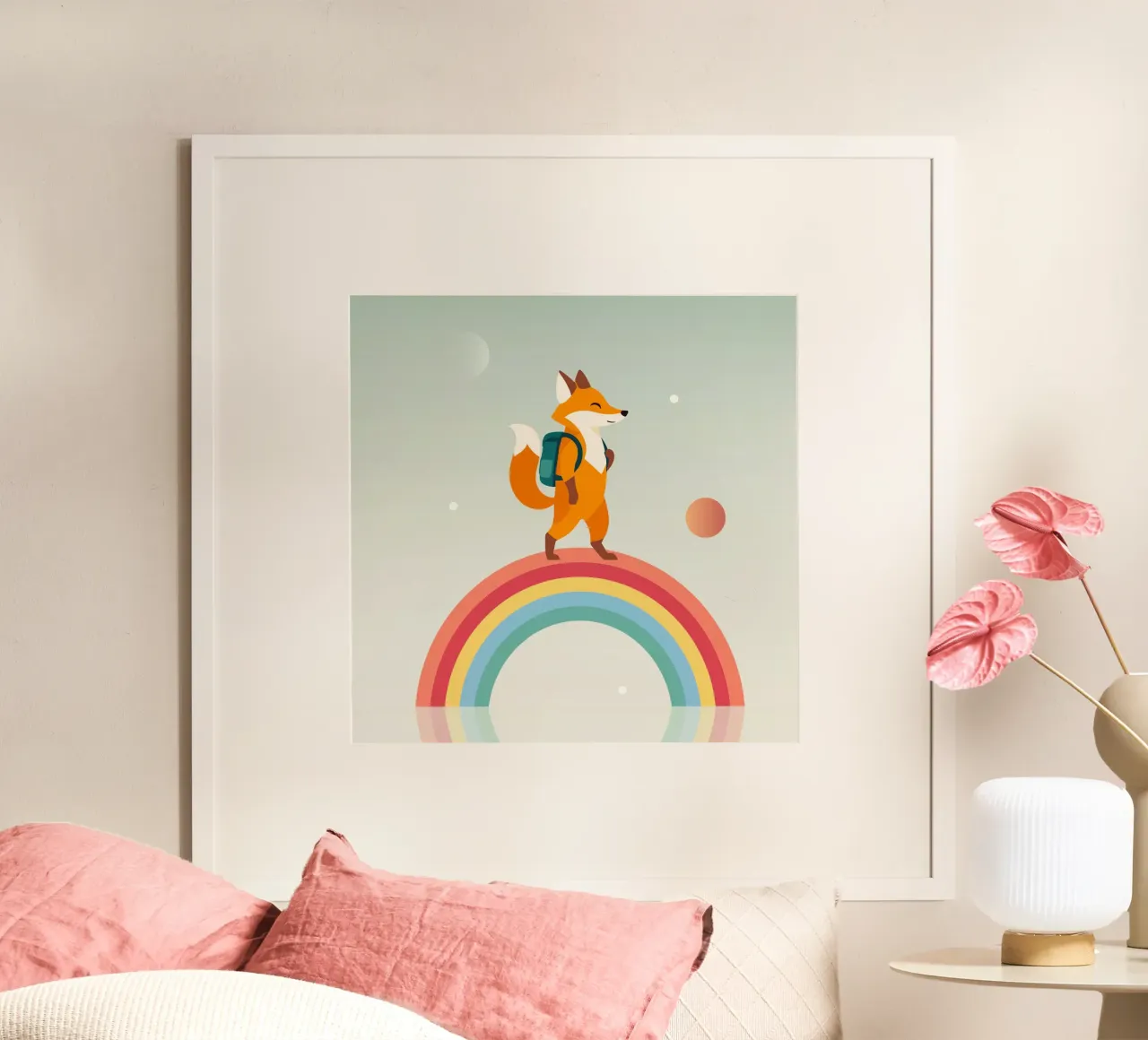 Volpe allegra con zaino sull'arcobaleno poster da namosh