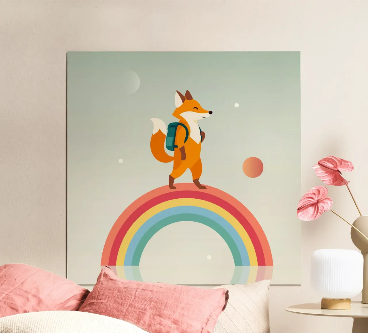 Volpe allegra con zaino sull'arcobaleno poster da namosh
