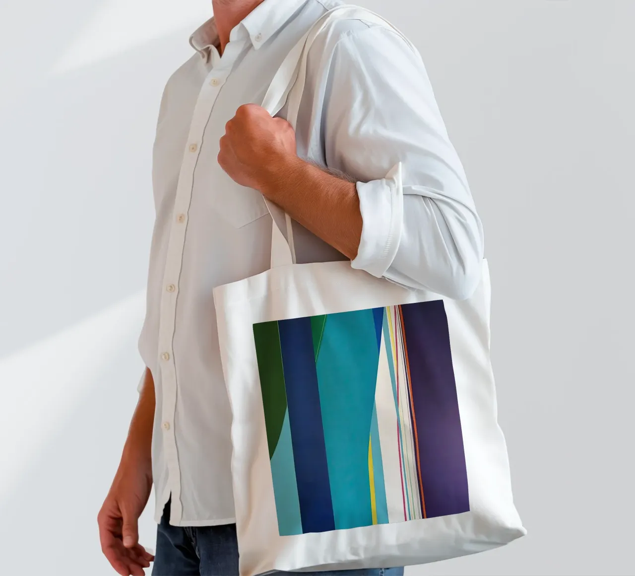 Geometria verticale colorata con strisce blu, verdi e viola borsa in juta da Artbyvo