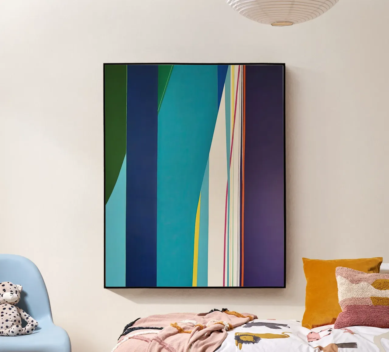 Geometria verticale colorata con strisce blu, verdi e viola plexiglass da Artbyvo