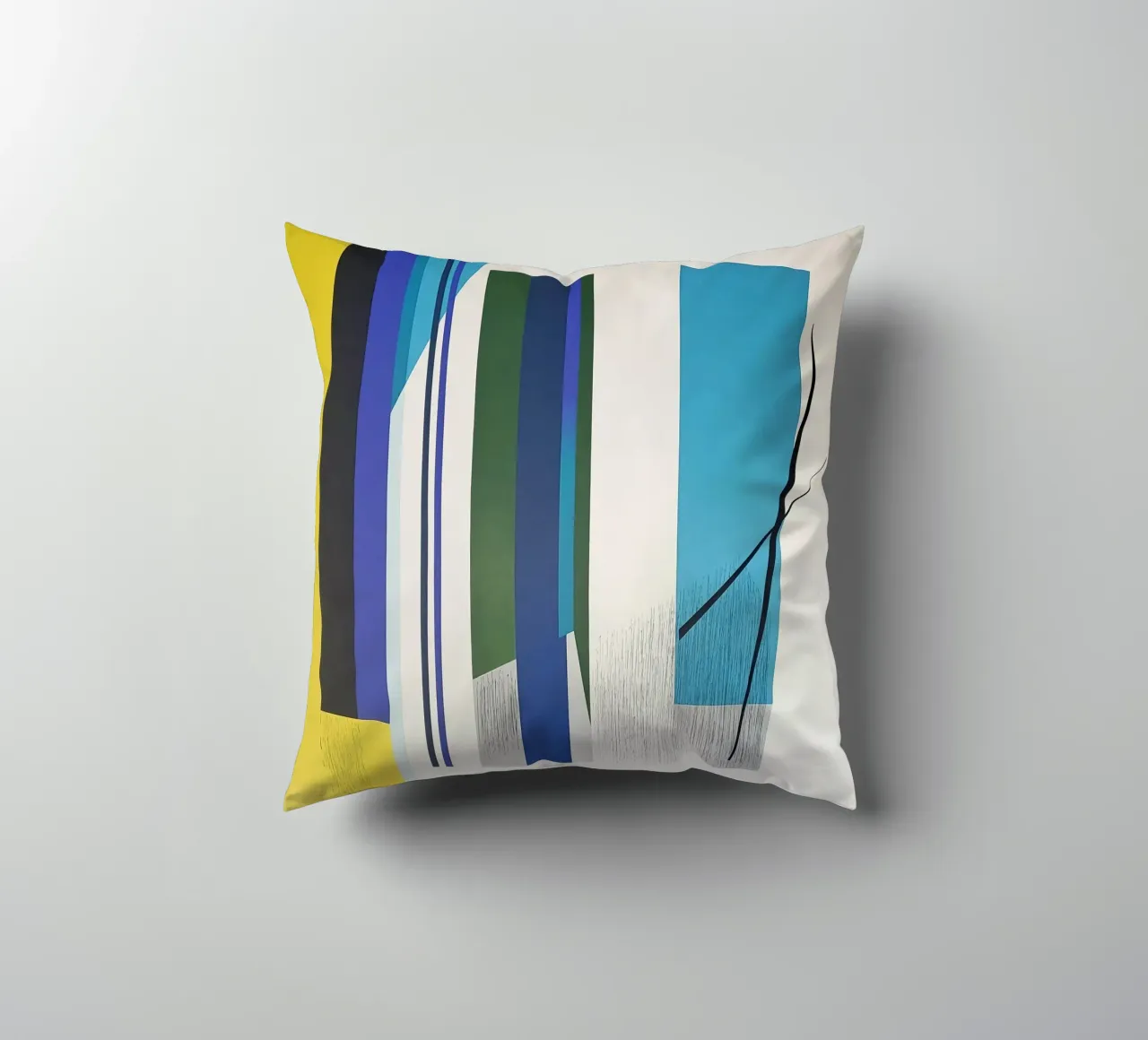 Architectural Abstraction with Blue and Yellow Columns decorative cushion by Artbyvo