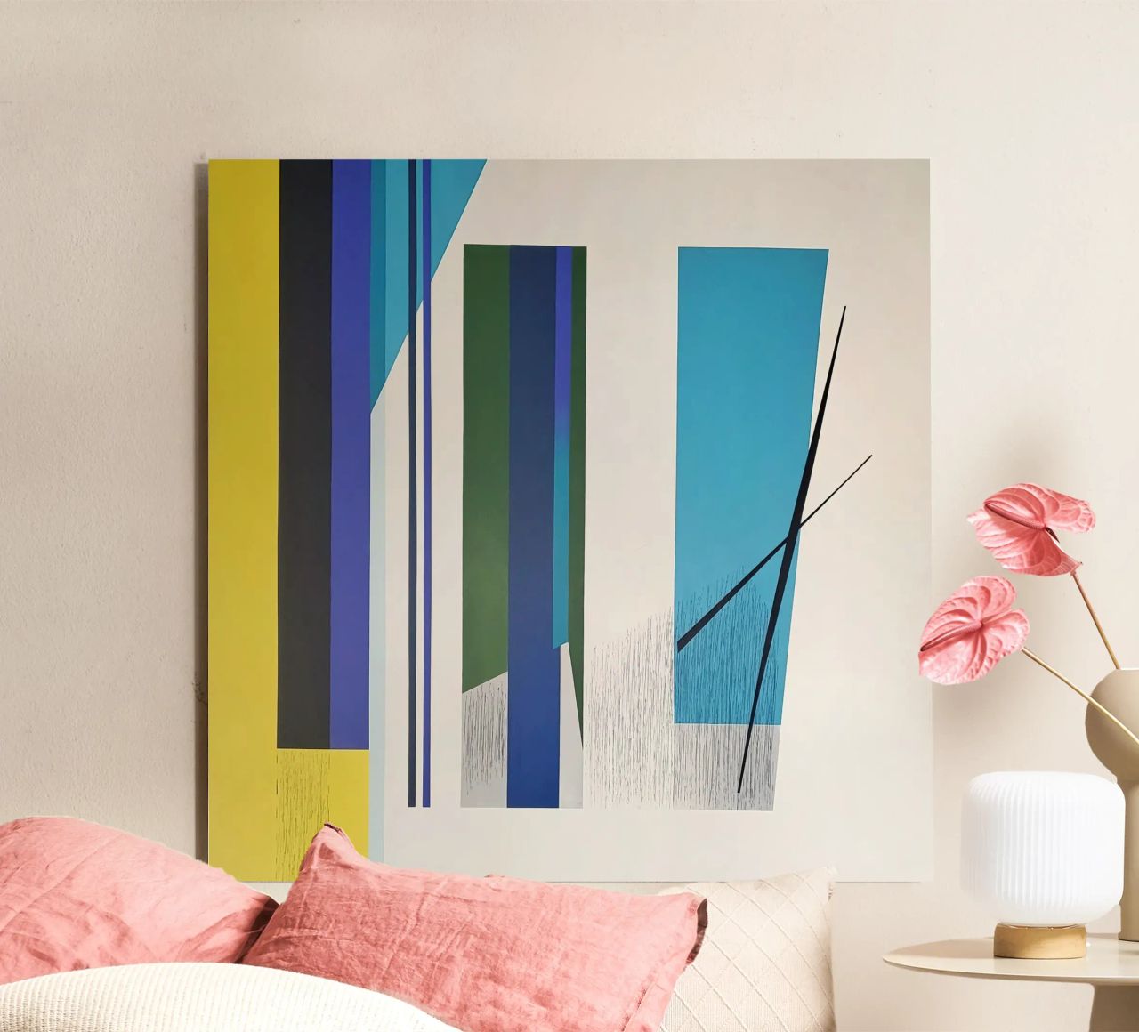 Astrazione architettonica con colonne blu e gialle pannello forex da Artbyvo