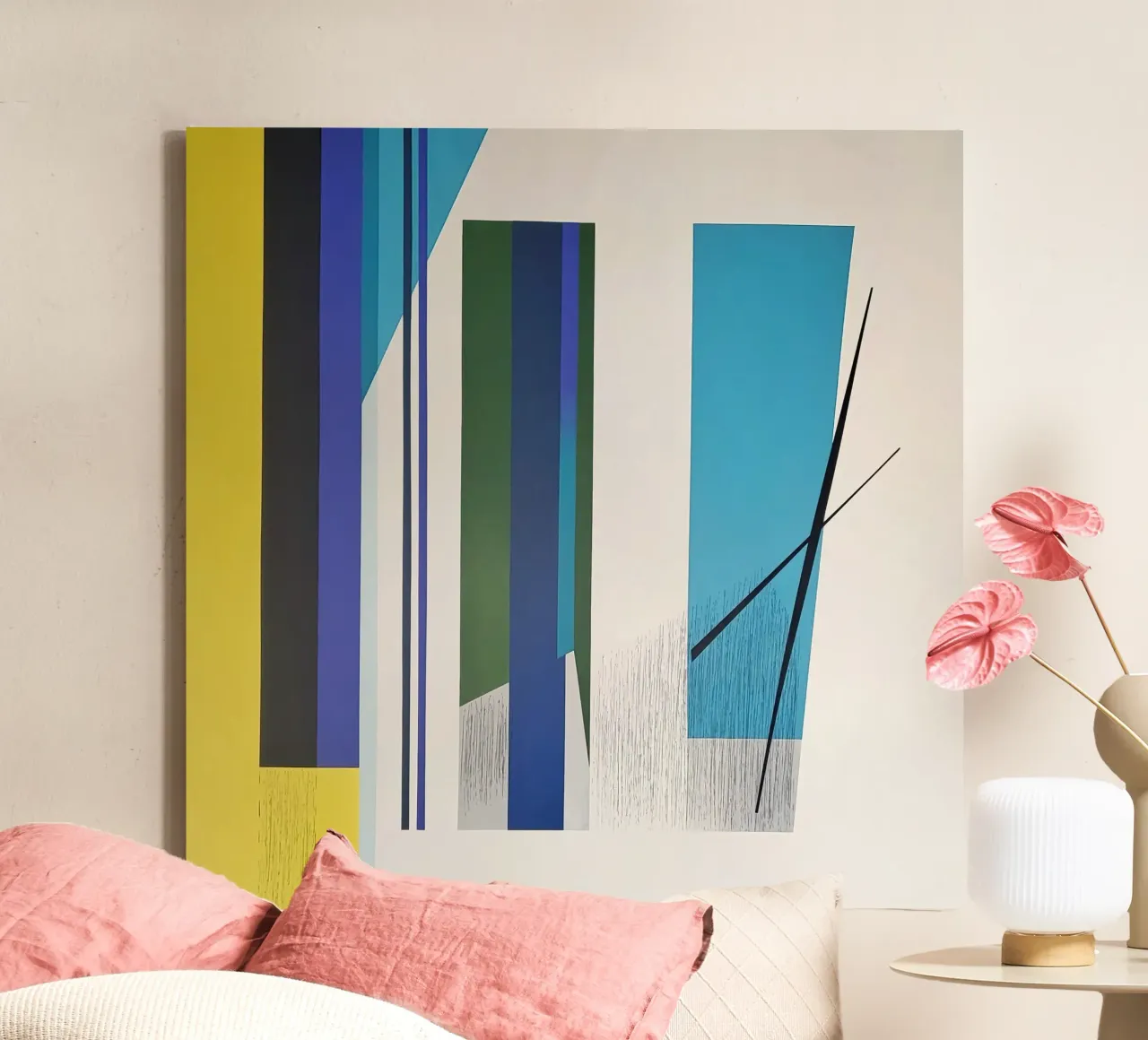 Architectural Abstraction with Blue and Yellow Columns canvas by Artbyvo