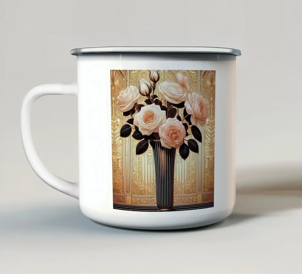 Rose in un vaso sottile tazza in smalto da Art-Nouveau-Dsg