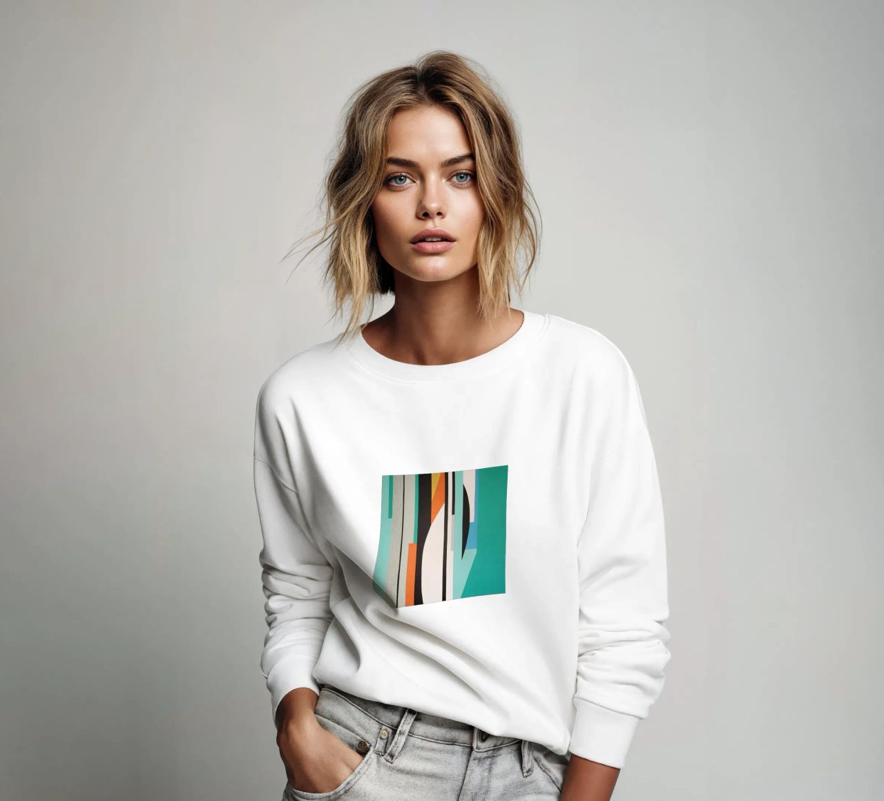 Abstract teal geometry with orange and black shapes sweatshirt by Artbyvo