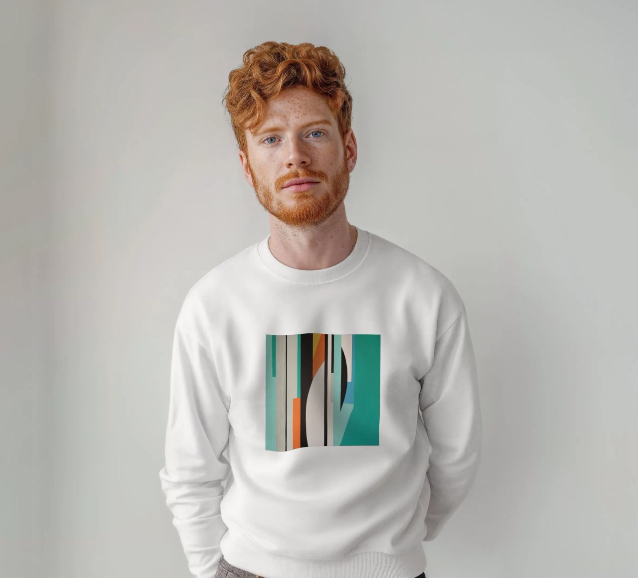 Abstract teal geometry with orange and black shapes sweatshirt by Artbyvo