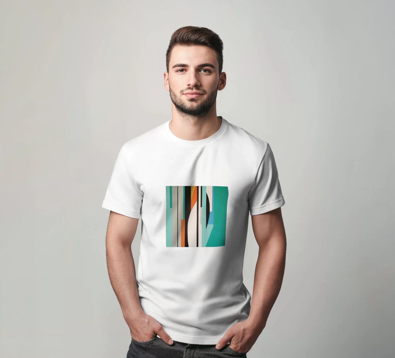 Abstract teal geometry with orange and black shapes t-shirt by Artbyvo