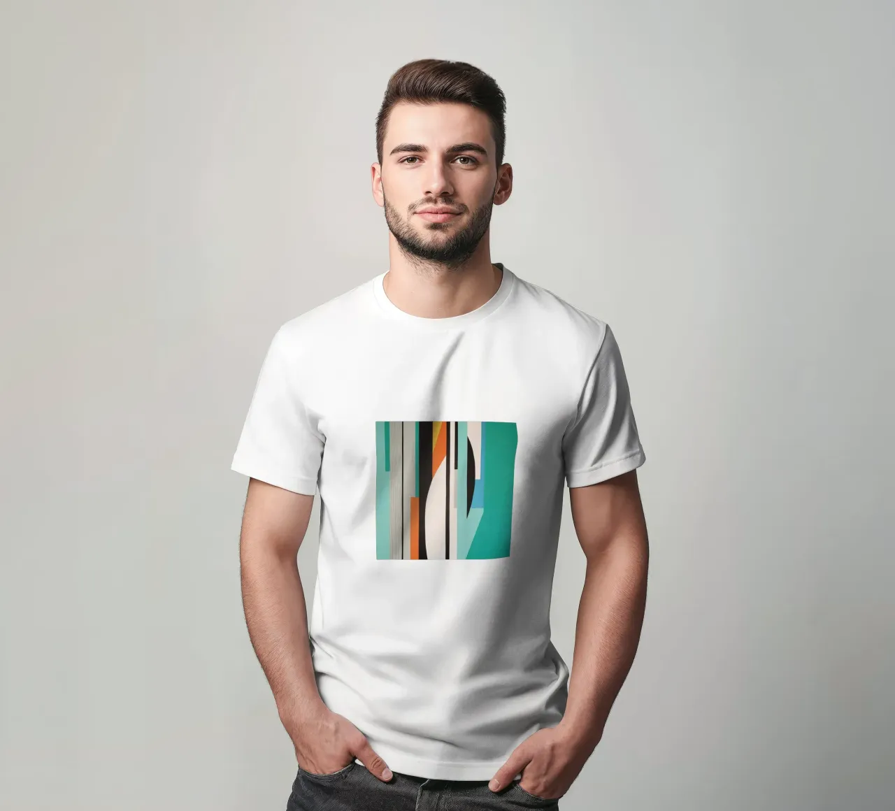 Geometría abstracta verde azulado con formas naranjas y negras camiseta de Artbyvo