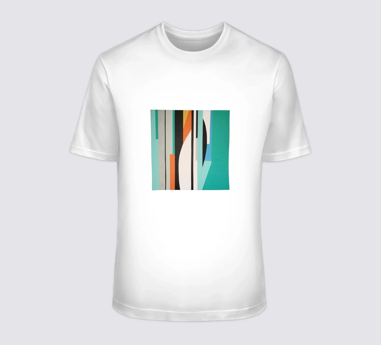Abstract teal geometry with orange and black shapes t-shirt by Artbyvo