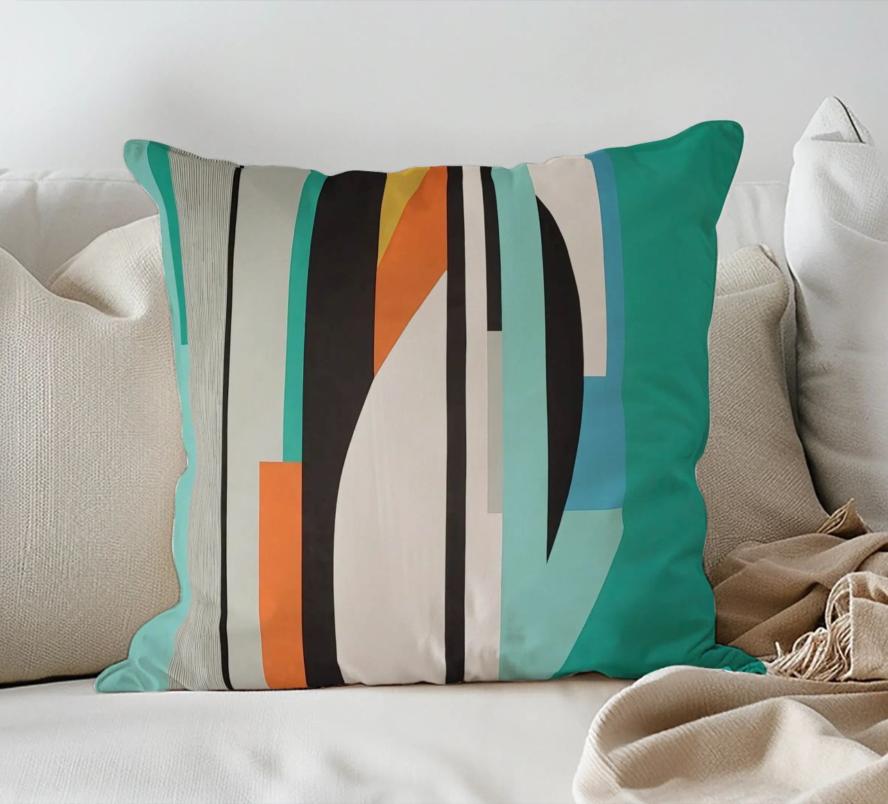 Abstract teal geometry with orange and black shapes decorative cushion by Artbyvo