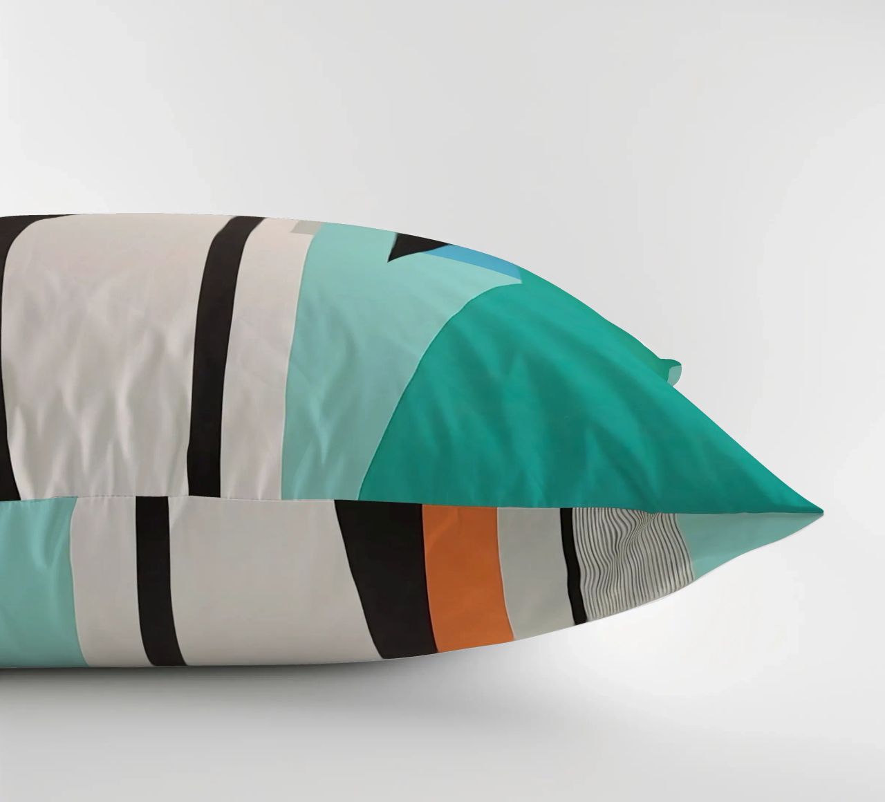 Abstract teal geometry with orange and black shapes decorative cushion by Artbyvo