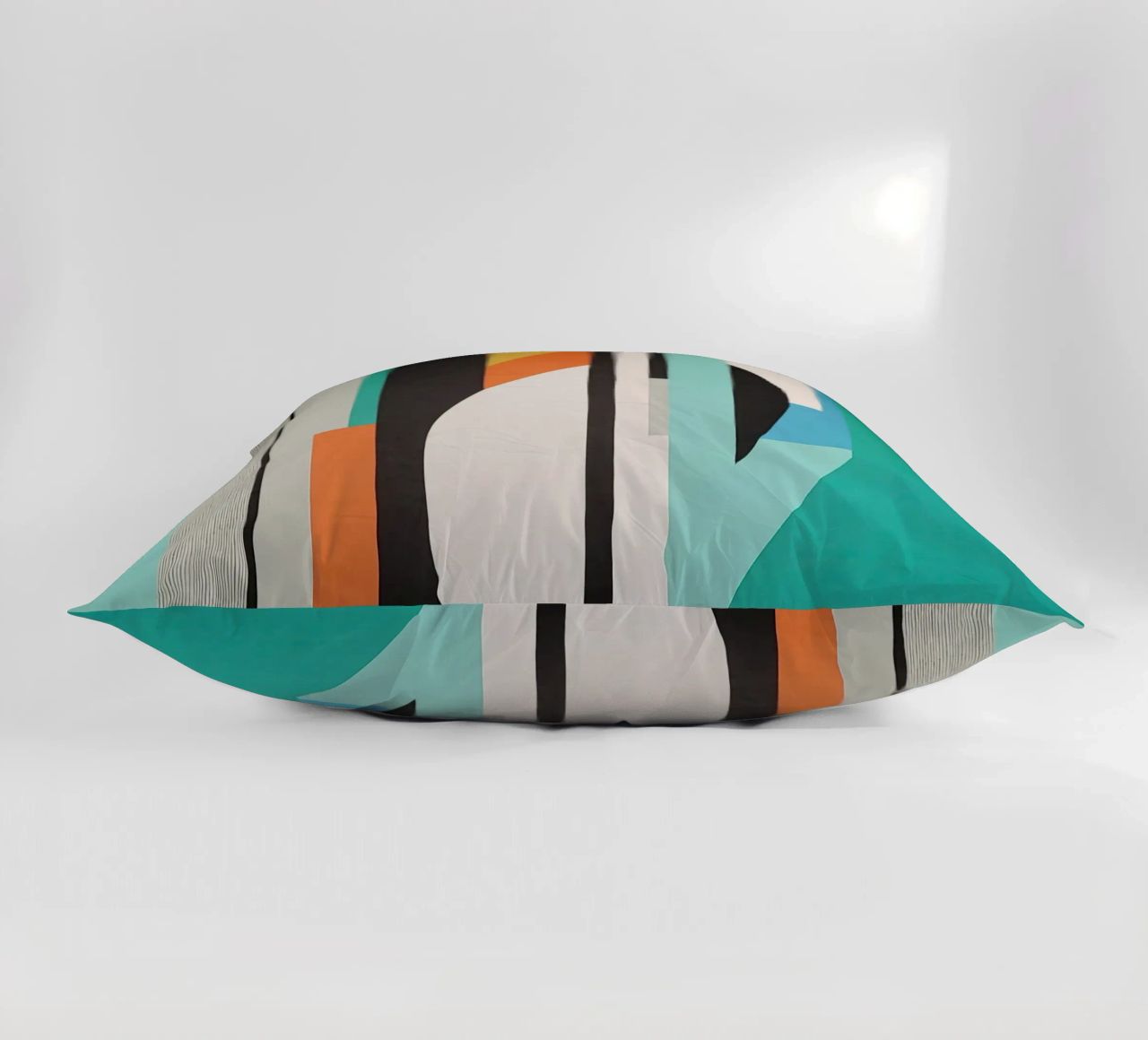 Abstract teal geometry with orange and black shapes decorative cushion by Artbyvo