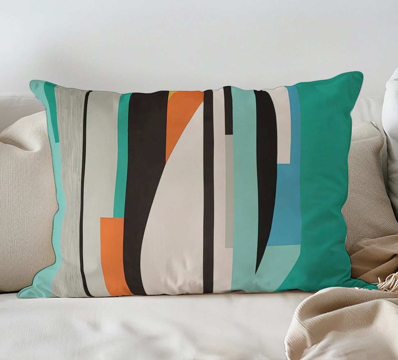 Abstract teal geometry with orange and black shapes decorative cushion by Artbyvo