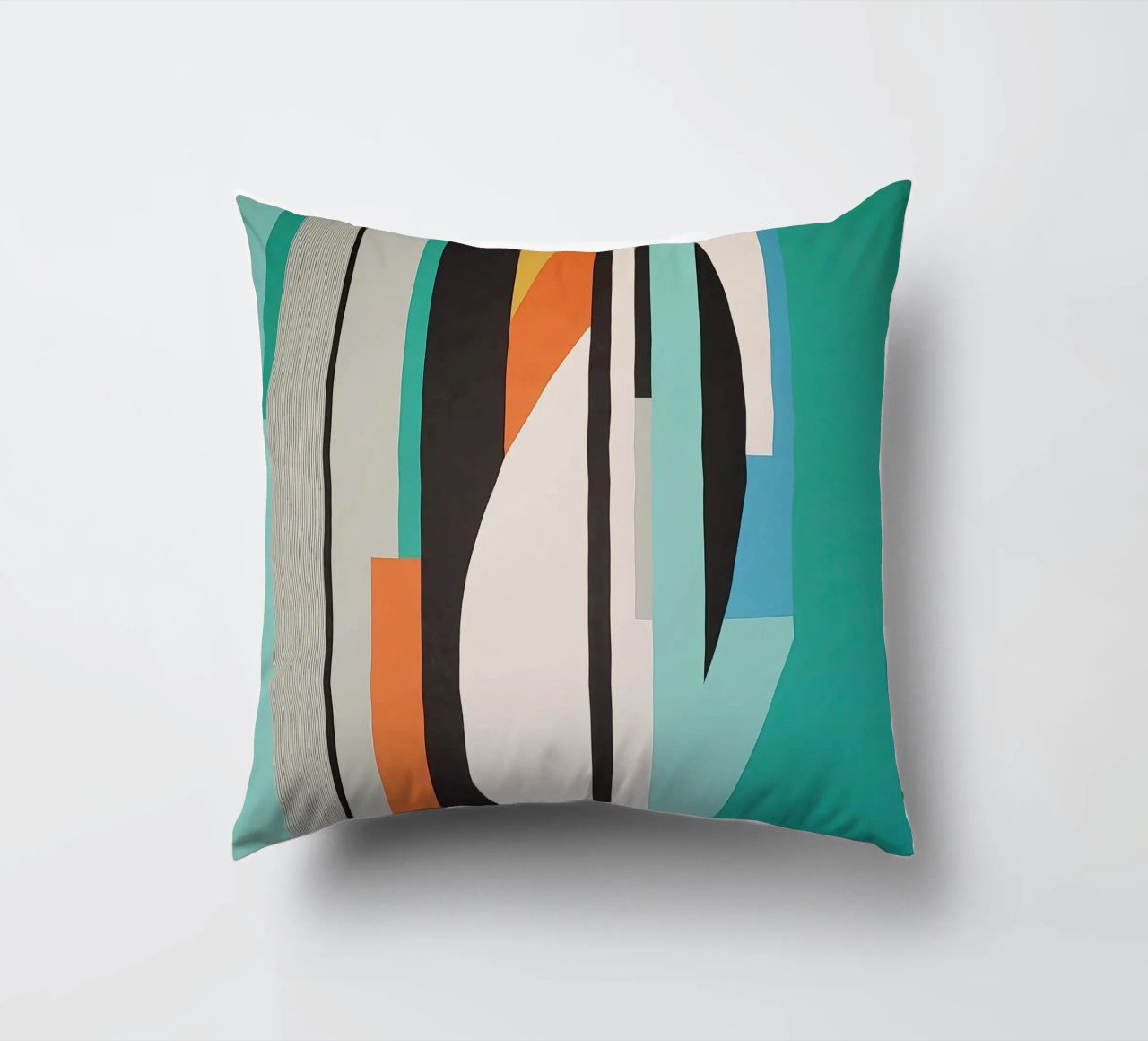 Abstract teal geometry with orange and black shapes decorative cushion by Artbyvo