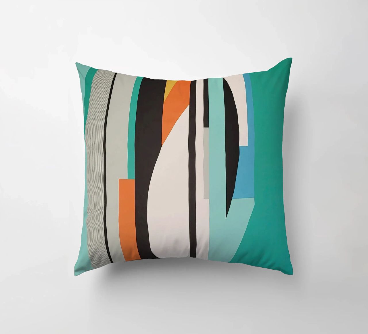 Abstract teal geometry with orange and black shapes decorative cushion by Artbyvo