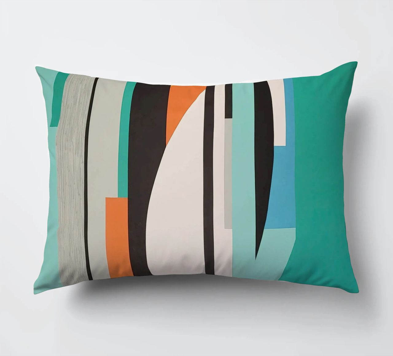 Abstract teal geometry with orange and black shapes decorative cushion by Artbyvo