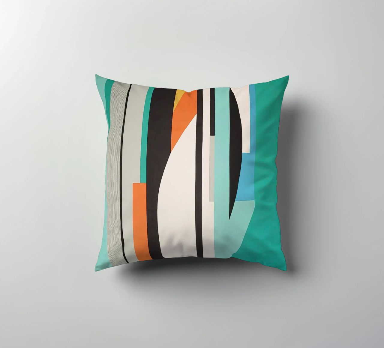 Abstract teal geometry with orange and black shapes decorative cushion by Artbyvo