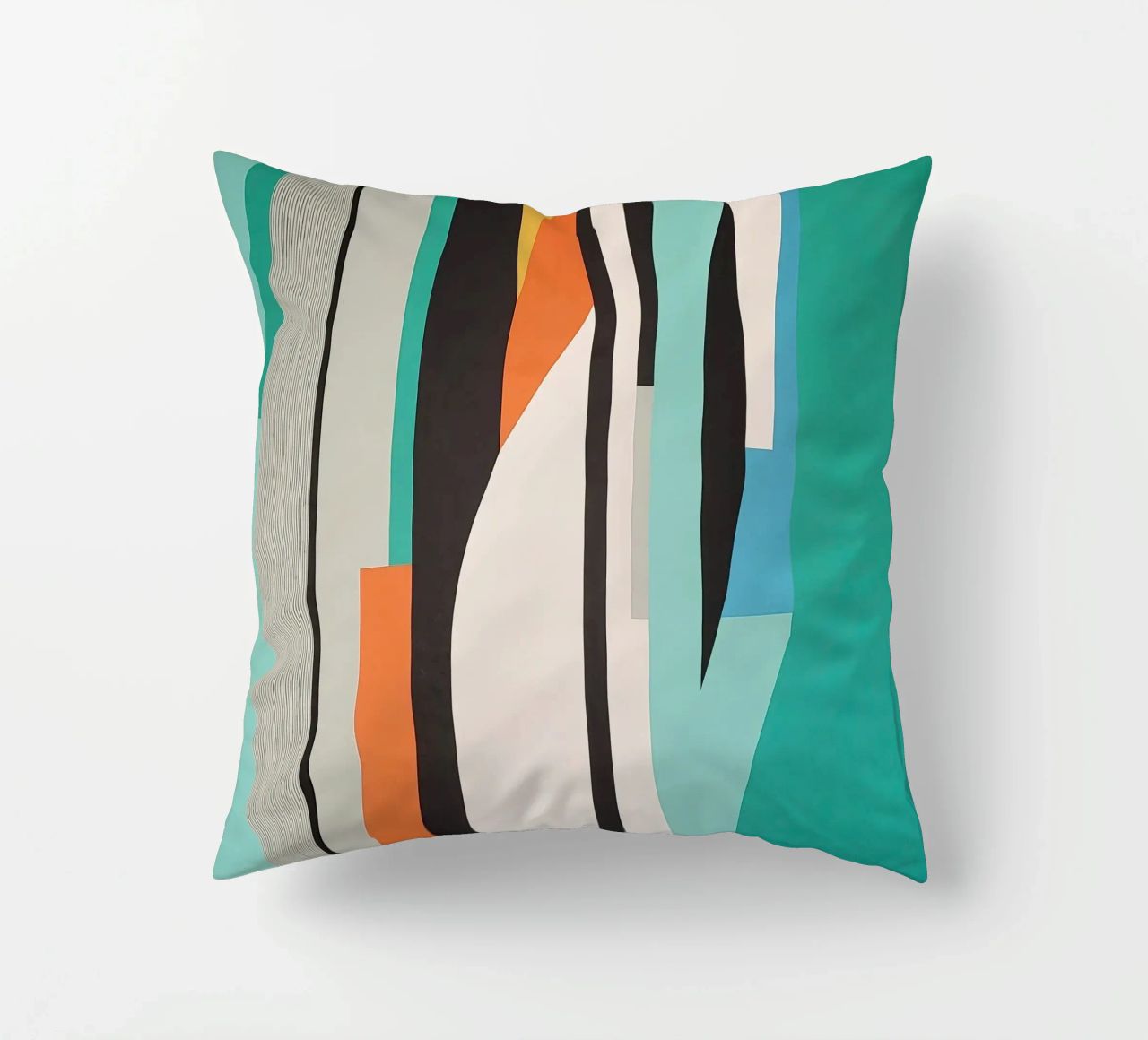 Abstract teal geometry with orange and black shapes decorative cushion by Artbyvo