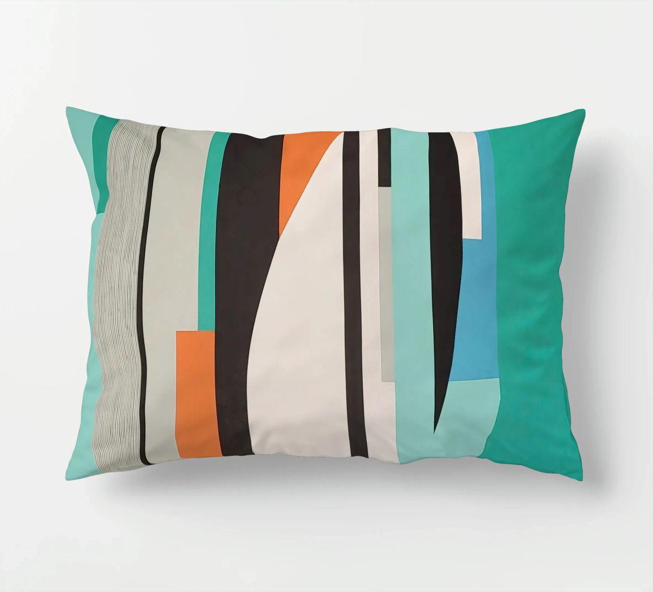 Abstract teal geometry with orange and black shapes decorative cushion by Artbyvo