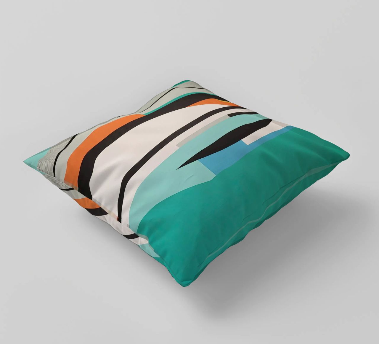 Abstract teal geometry with orange and black shapes decorative cushion by Artbyvo