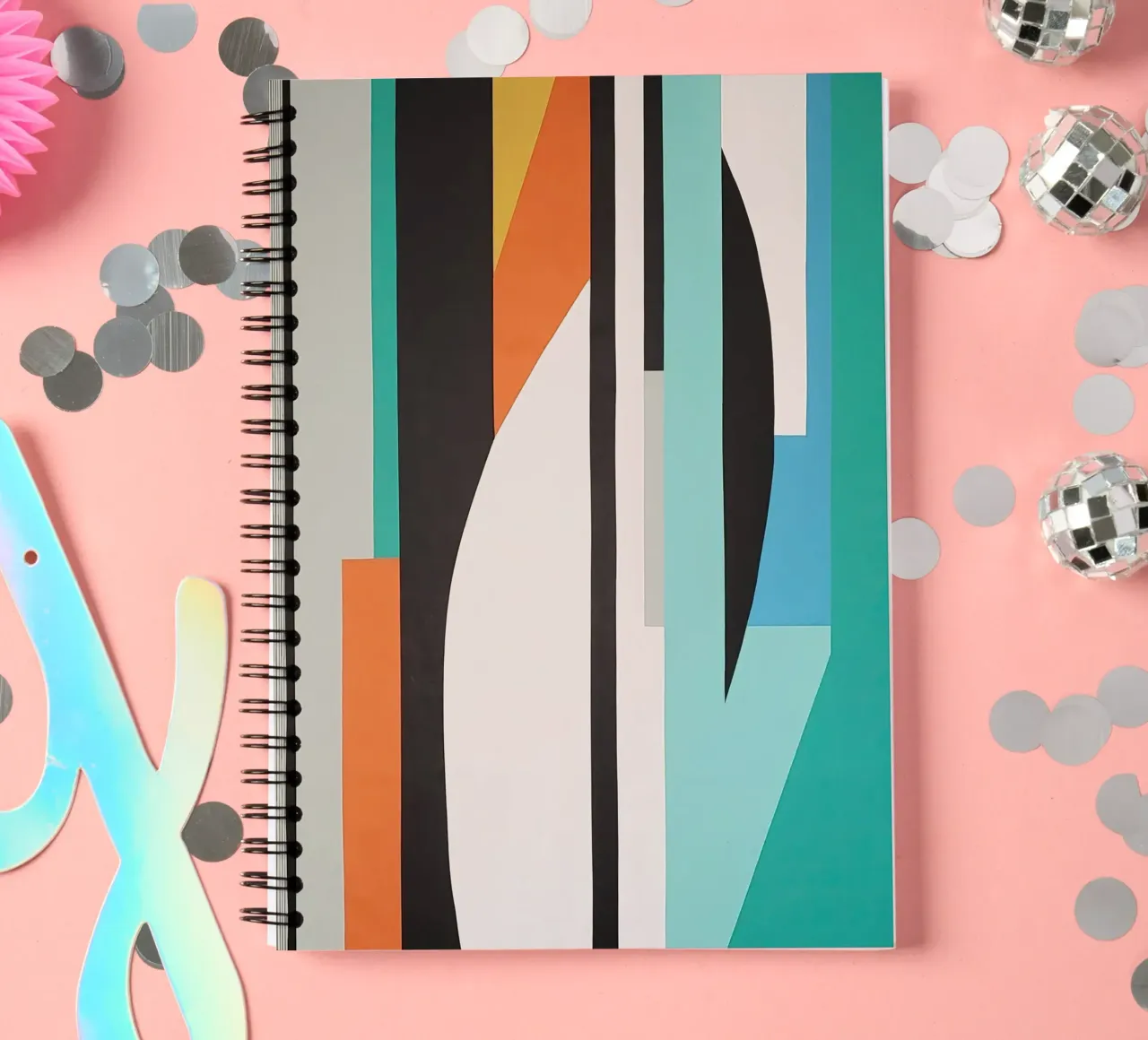 Abstrakte tealfarbene Geometrie mit orangefarbenen und schwarzen Formen Ringbuch von Artbyvo