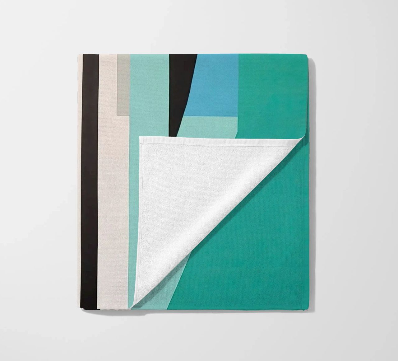 Abstract teal geometry with orange and black shapes beach towel by Artbyvo