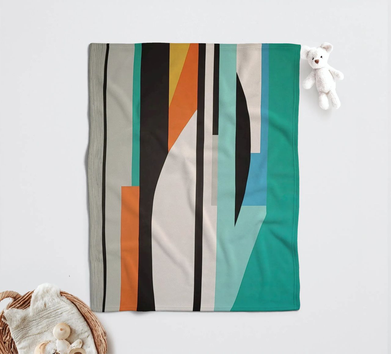 Abstract teal geometry with orange and black shapes fleece blanket by Artbyvo