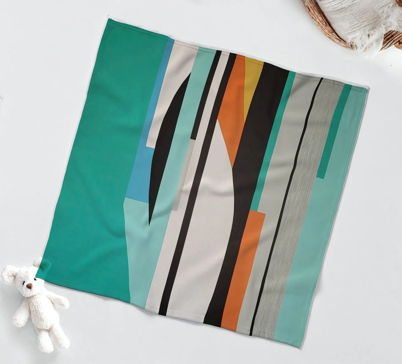 Abstract teal geometry with orange and black shapes fleece blanket by Artbyvo