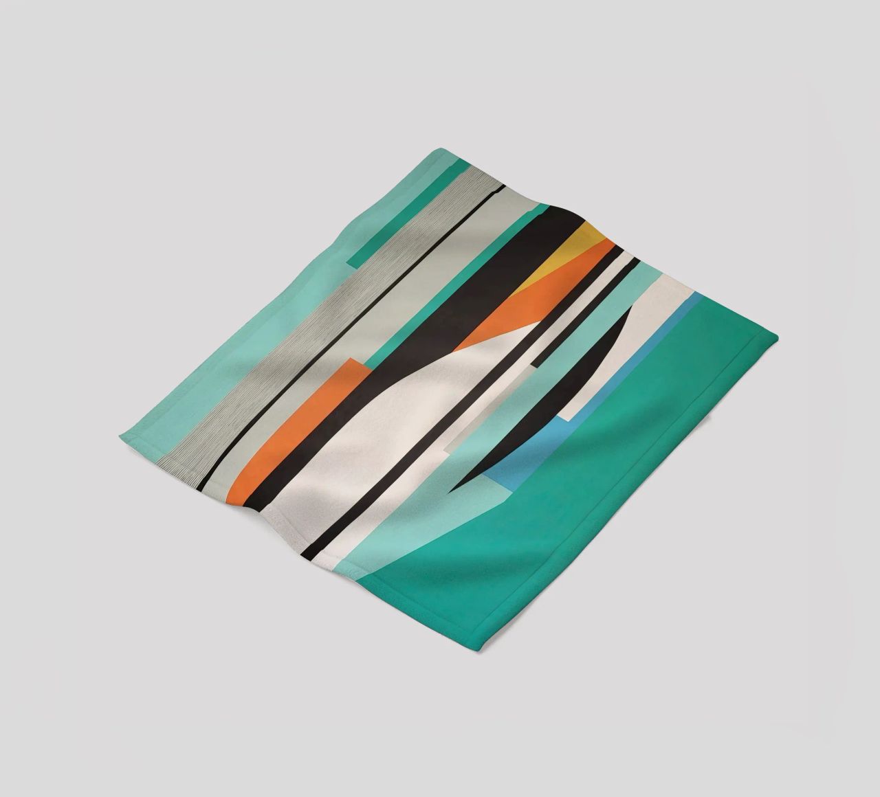 Abstract teal geometry with orange and black shapes fleece blanket by Artbyvo