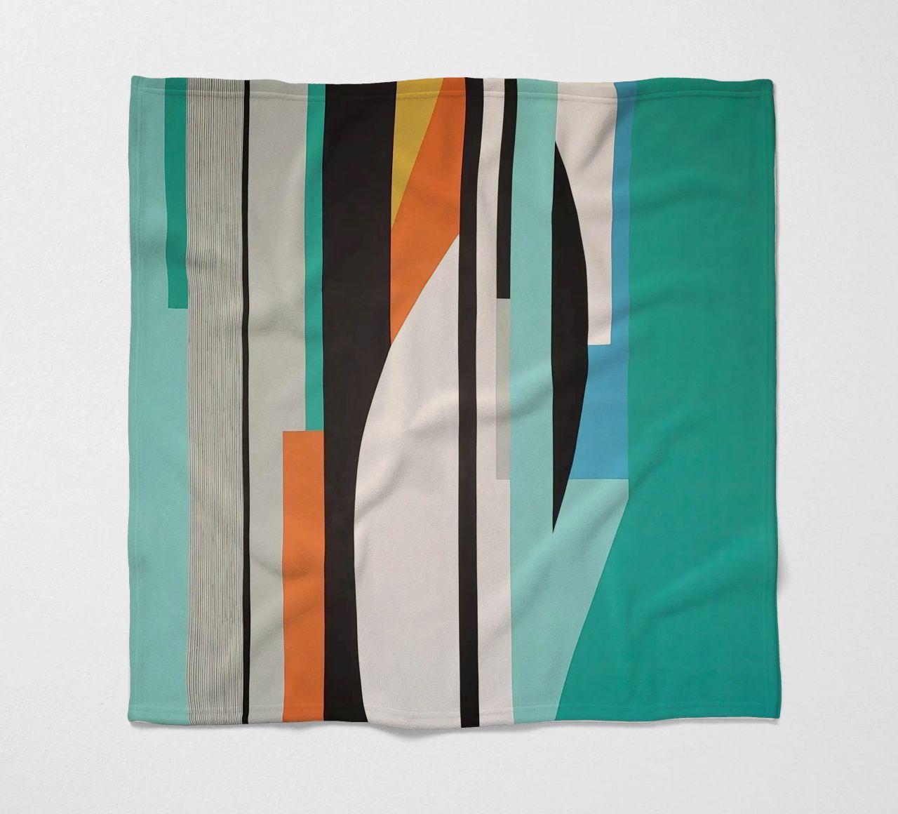 Abstract teal geometry with orange and black shapes fleece blanket by Artbyvo