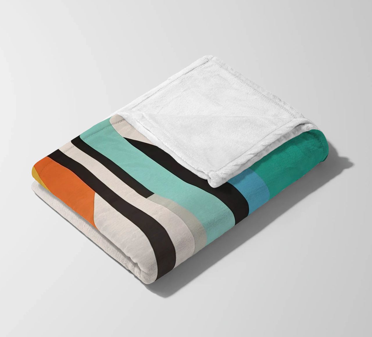 Abstract teal geometry with orange and black shapes fleece blanket by Artbyvo
