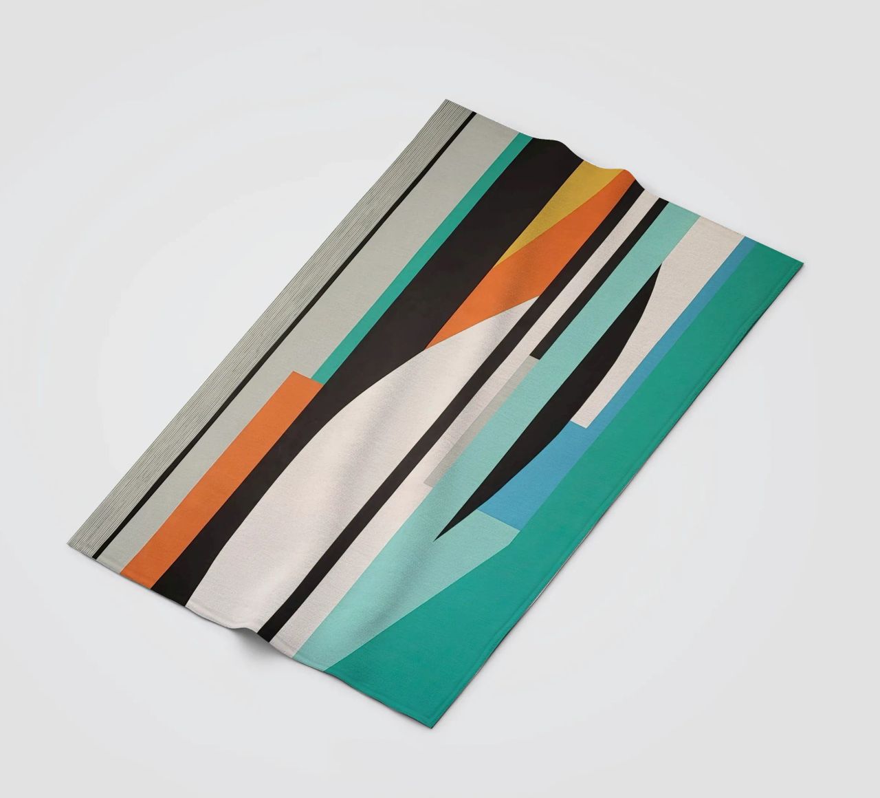 Abstract teal geometry with orange and black shapes fleece blanket by Artbyvo