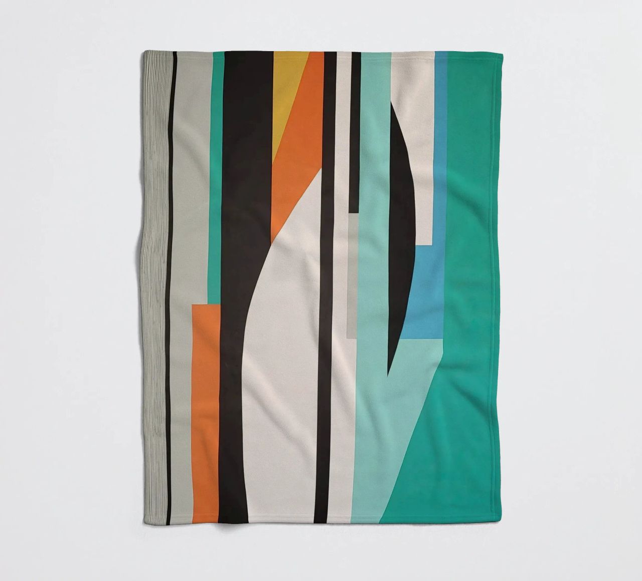 Abstract teal geometry with orange and black shapes fleece blanket by Artbyvo
