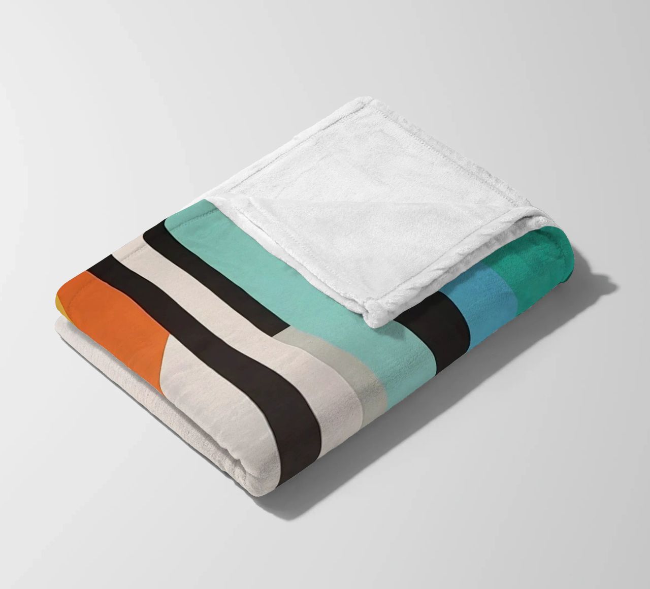 Abstract teal geometry with orange and black shapes fleece blanket by Artbyvo