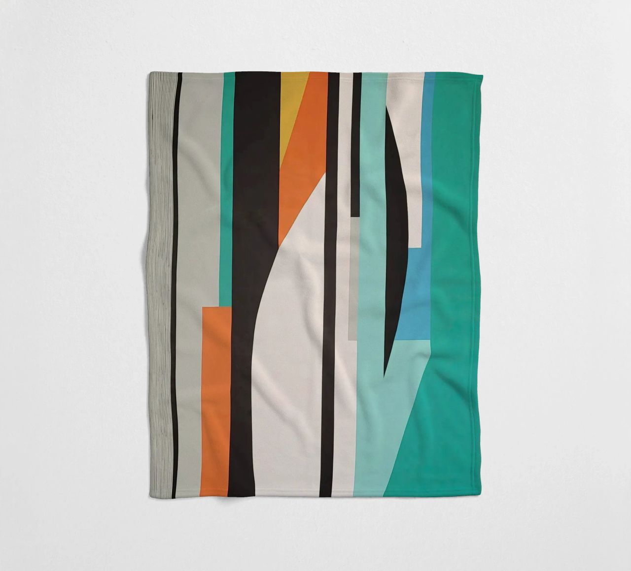 Abstract teal geometry with orange and black shapes fleece blanket by Artbyvo