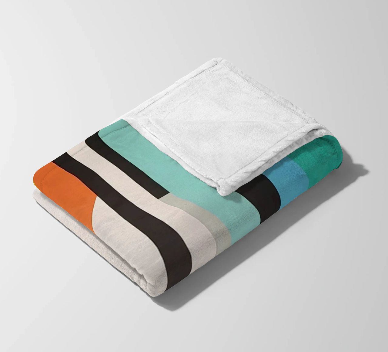 Abstract teal geometry with orange and black shapes fleece blanket by Artbyvo