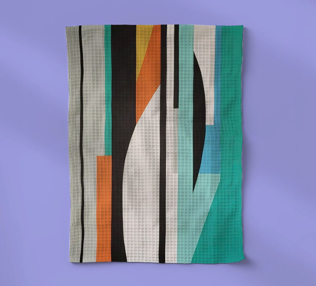 Abstract teal geometry with orange and black shapes tea towel by Artbyvo
